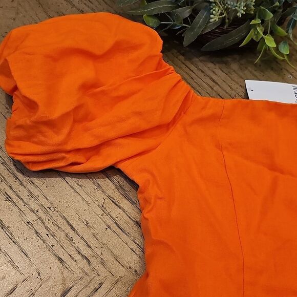 Bar III Vibrant Orange Off Shoulder Dress with Puff Sleeves Size XS NWT - Picture 3 of 11
